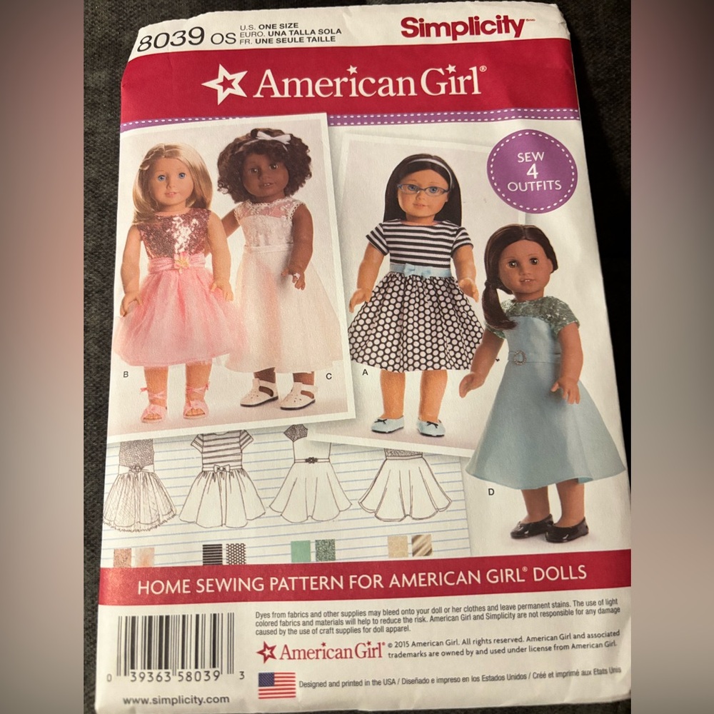 8039 American Girl Sewing Pattern for Doll Dresses - uncut- factory folded